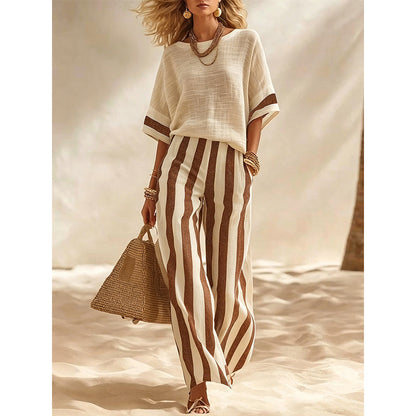 Women's Casual Striped Two Piece Wide Leg Pants Set