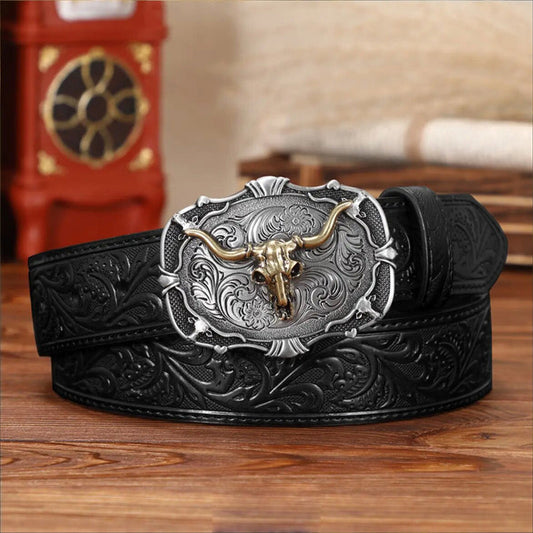 Men's Retro Bull Head Embossed Leather Belt