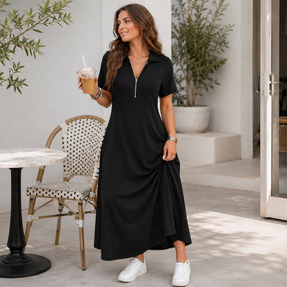 Women's Casual Solid Color Zipper Maxi Dress