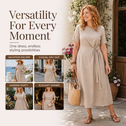 Women's Elegant Midi Dress with Adjustable Waist Tie
