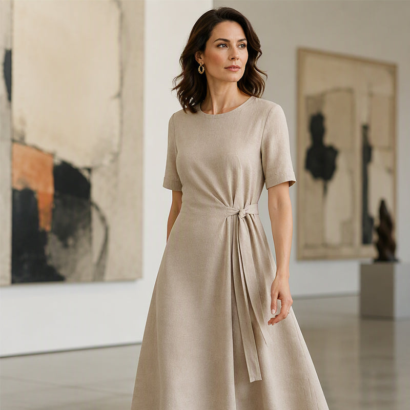 Women's Elegant Midi Dress with Adjustable Waist Tie
