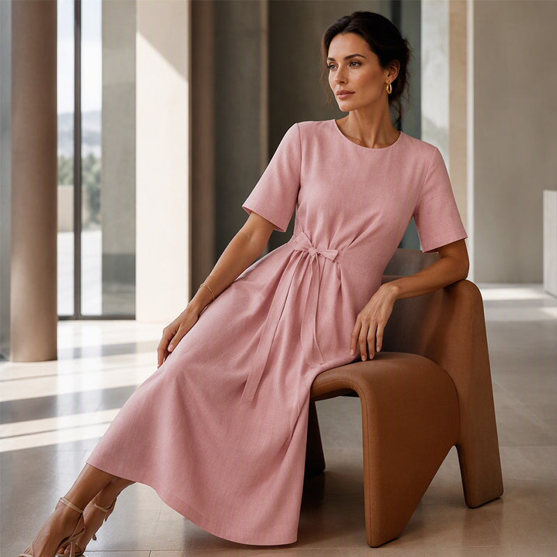 Women's Elegant Midi Dress with Adjustable Waist Tie