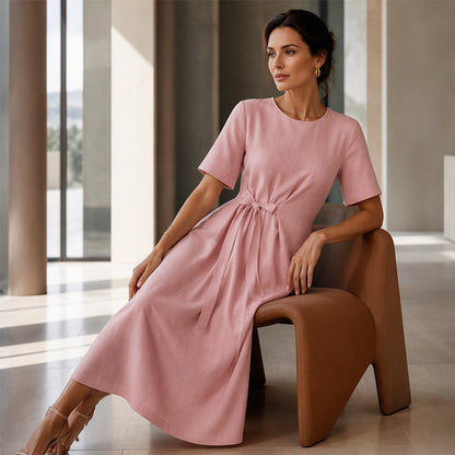Women's Elegant Midi Dress with Adjustable Waist Tie