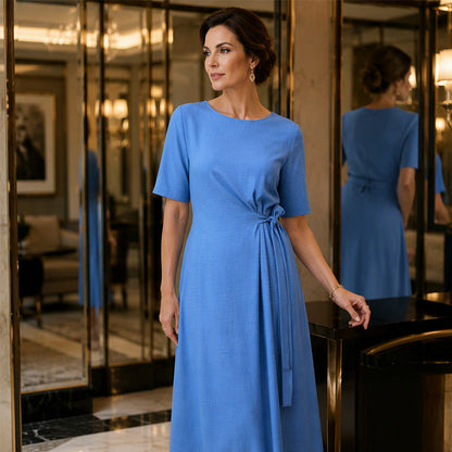 Women's Elegant Midi Dress with Adjustable Waist Tie