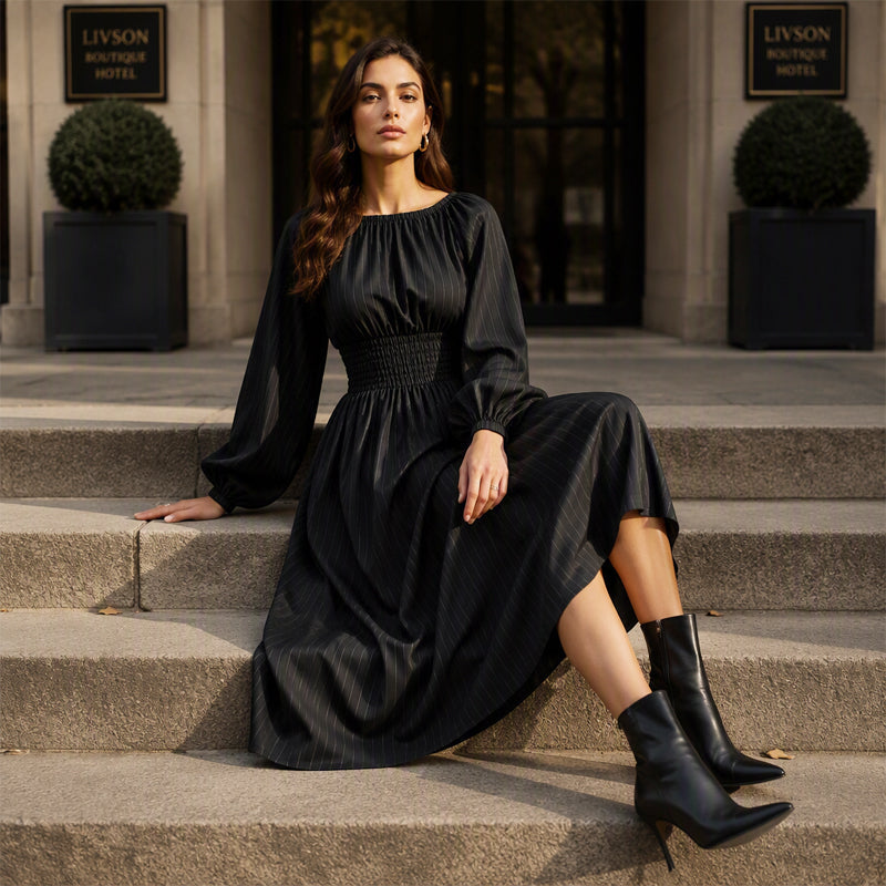 Women's Striped Elastic Waist Maxi Dress