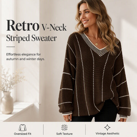 ⌛Limited-Time Offer-Women's Loose Casual V-Neck Striped Sweater