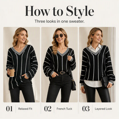 ⌛Limited-Time Offer-Women's Loose Casual V-Neck Striped Sweater