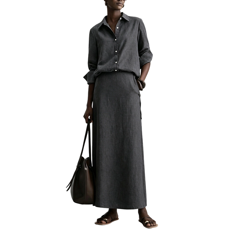 Women Casual Shirt & Long Skirt Two-Piece Set