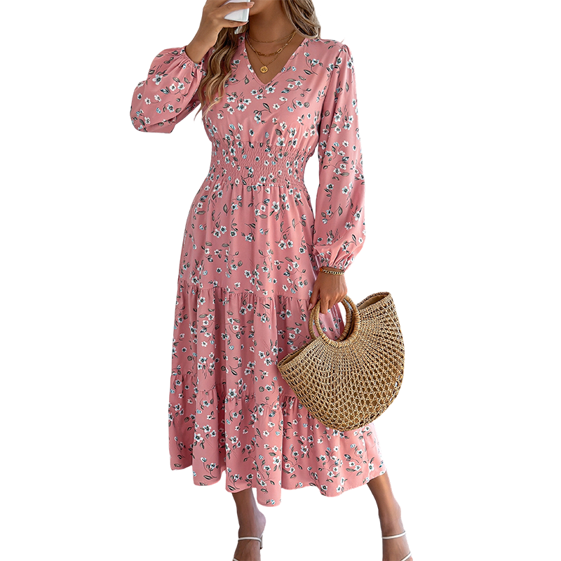 Women's Floral V-Neck Smocked Waist Ruffle Dress