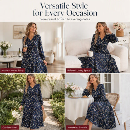 Women's Floral V-Neck Smocked Waist Ruffle Dress