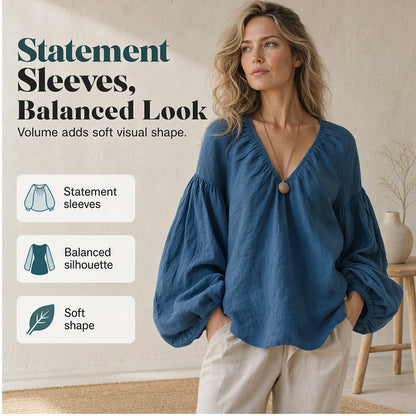 Women's V-Neck Cotton Linen Top with Lantern Sleeves