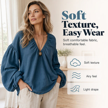 Women's V-Neck Cotton Linen Top with Lantern Sleeves