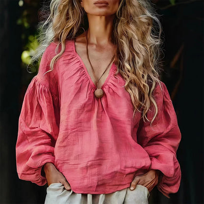 Women's V-Neck Cotton Linen Top with Lantern Sleeves