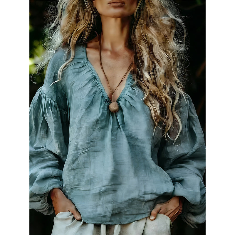 Women's V-Neck Cotton Linen Top with Lantern Sleeves