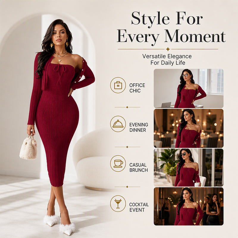 Women's Ribbed Knit Bodycon Dress with Cropped Cardigan