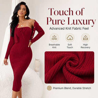 Women's Ribbed Knit Bodycon Dress with Cropped Cardigan