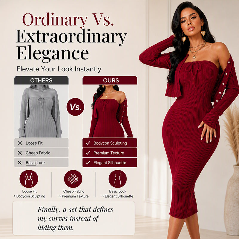 Women's Ribbed Knit Bodycon Dress with Cropped Cardigan