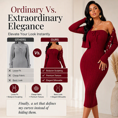 Women's Ribbed Knit Bodycon Dress with Cropped Cardigan
