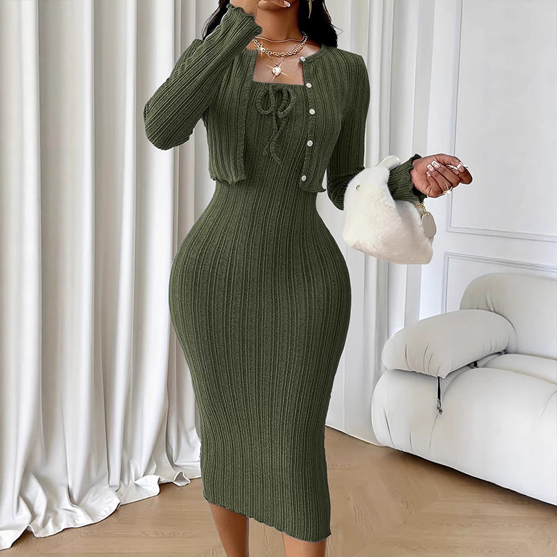 Women's Ribbed Knit Bodycon Dress with Cropped Cardigan