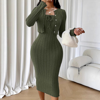 Women's Ribbed Knit Bodycon Dress with Cropped Cardigan