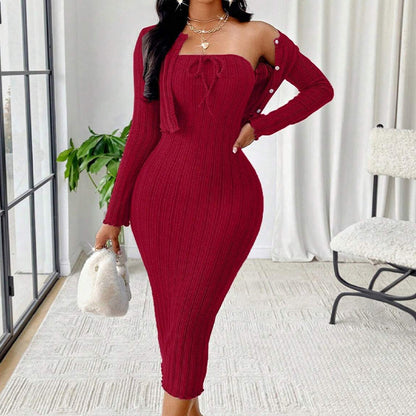 Women's Ribbed Knit Bodycon Dress with Cropped Cardigan