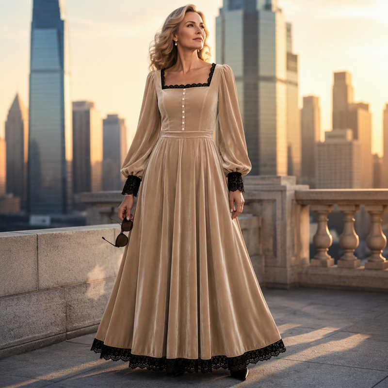 Women's Vintage Square Neck Velvet Dress