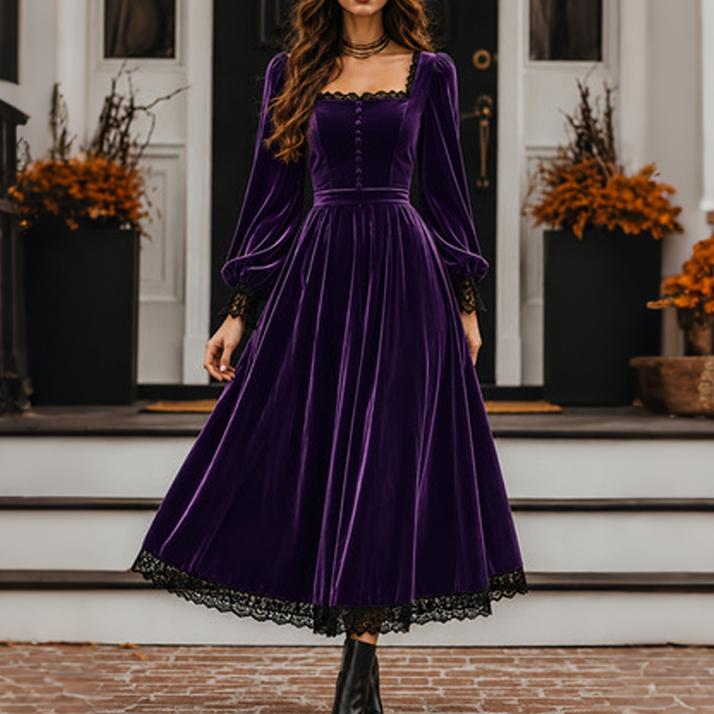 Women's Vintage Square Neck Velvet Dress