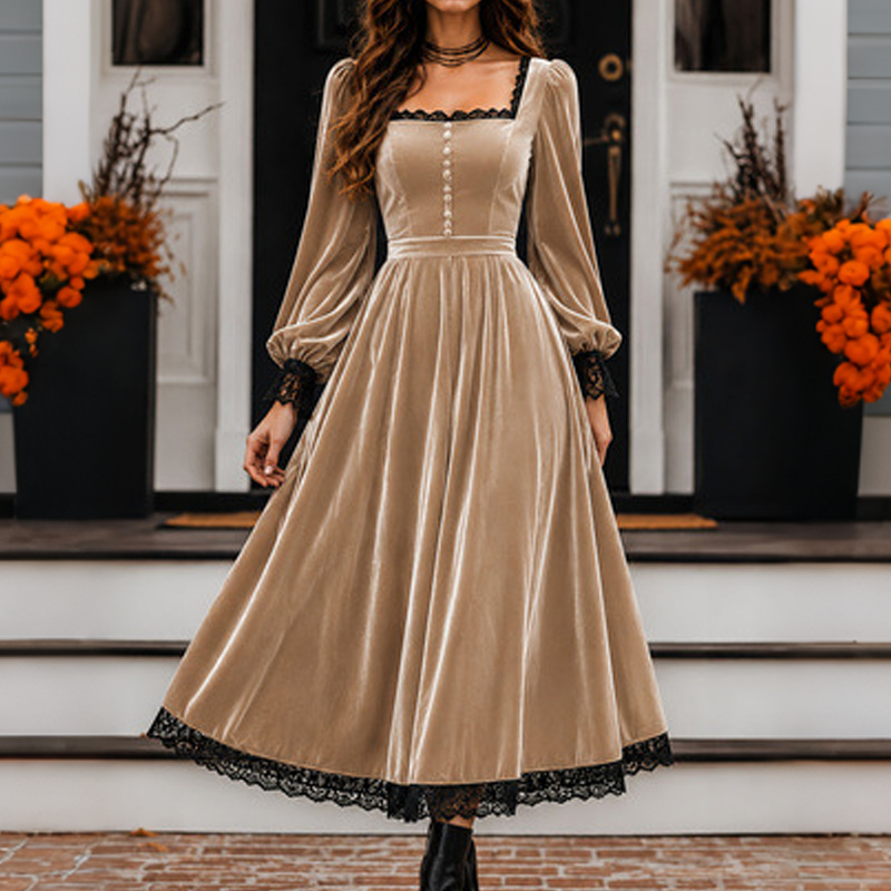 Women's Vintage Square Neck Velvet Dress