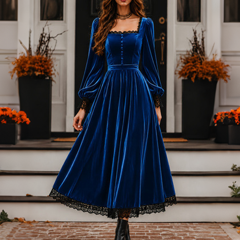 Women's Vintage Square Neck Velvet Dress