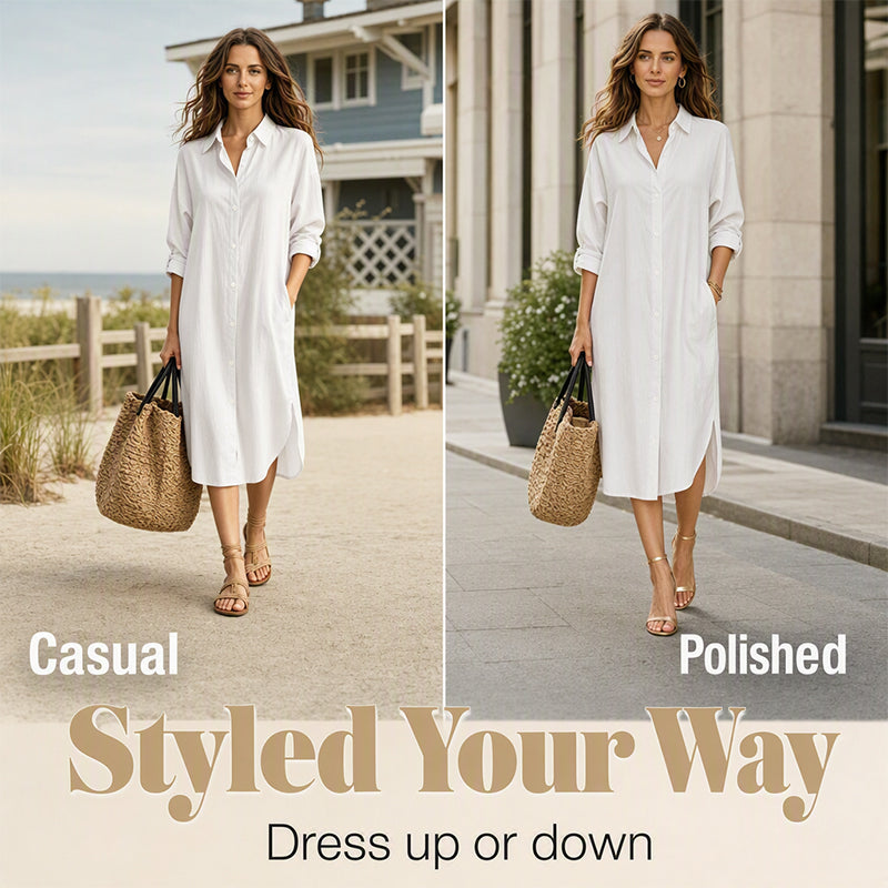 🍁Get Your New Fall Fashion-Women Loose Cotton Linen Shirt Dress with Pockets
