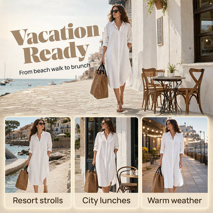 🍁Get Your New Fall Fashion-Women Loose Cotton Linen Shirt Dress with Pockets