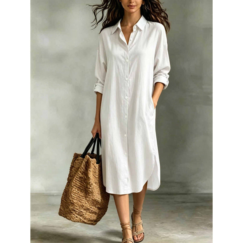 🍁Get Your New Fall Fashion-Women Loose Cotton Linen Shirt Dress with Pockets