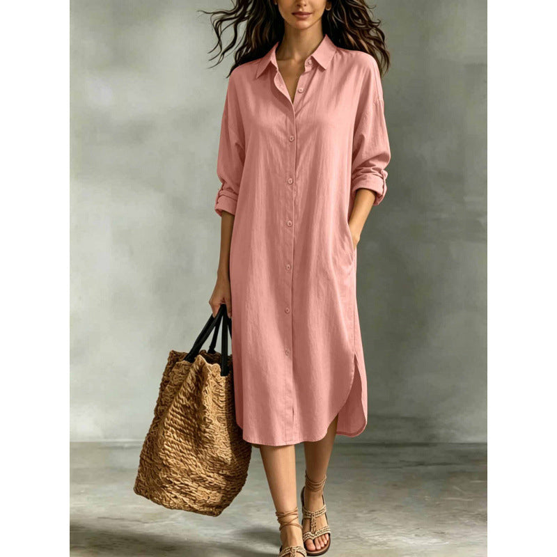 🍁Get Your New Fall Fashion-Women Loose Cotton Linen Shirt Dress with Pockets