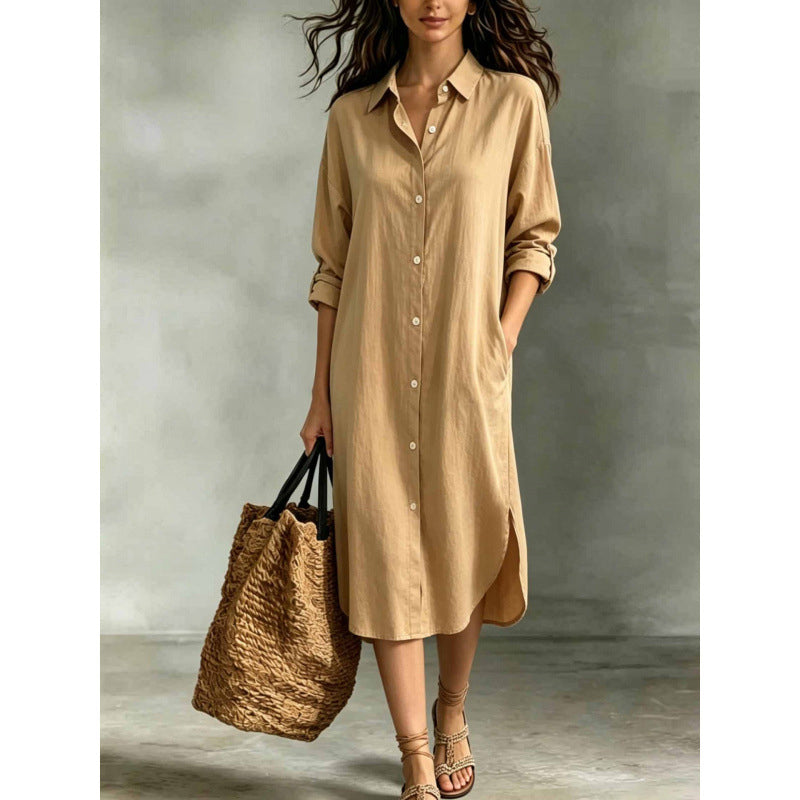 🍁Get Your New Fall Fashion-Women Loose Cotton Linen Shirt Dress with Pockets