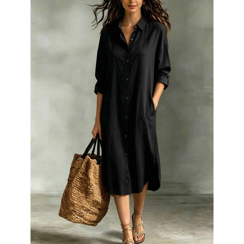 🍁Get Your New Fall Fashion-Women Loose Cotton Linen Shirt Dress with Pockets
