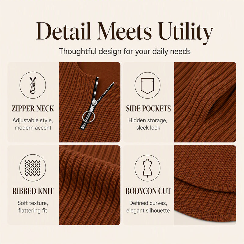 🍂 Women's Front Zipper Ribbed Knit Dress – Flattering Comfort Meets Effortless Autumn Style