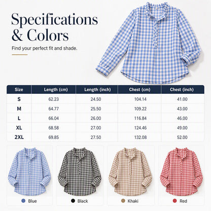 Women's Gingham Ruffle Casual Long Sleeve Shirt