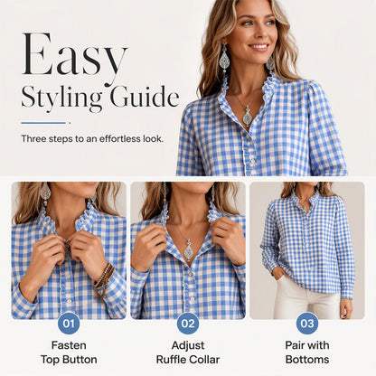 Women's Gingham Ruffle Casual Long Sleeve Shirt