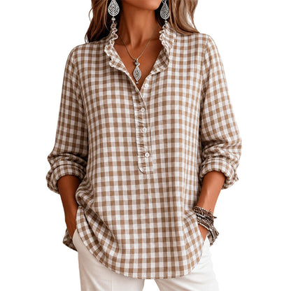 Women's Gingham Ruffle Casual Long Sleeve Shirt