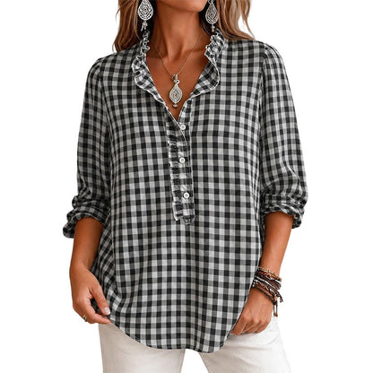 Women's Gingham Ruffle Casual Long Sleeve Shirt