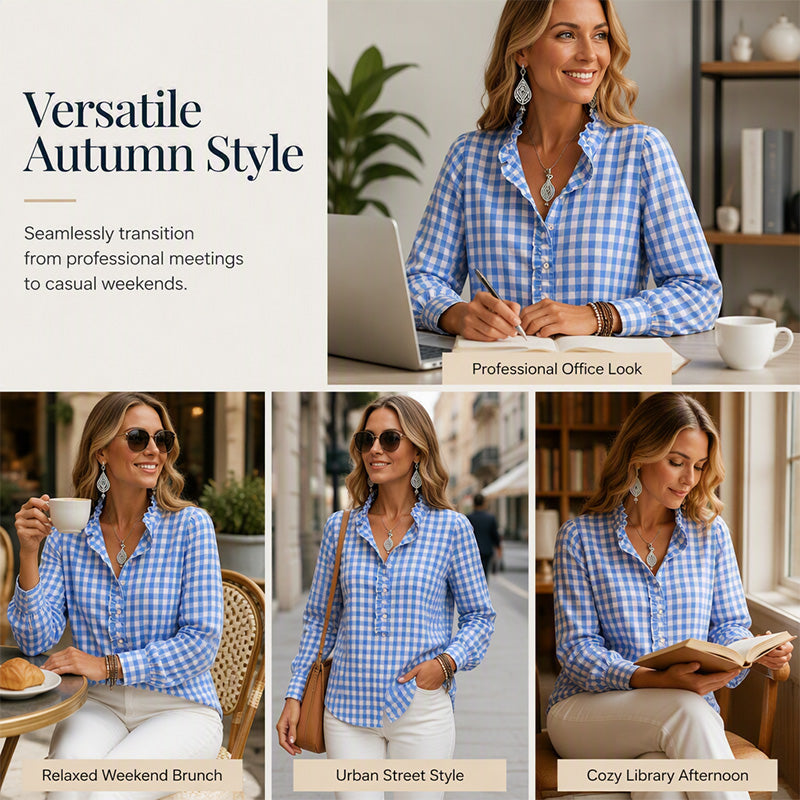 Women's Gingham Ruffle Casual Long Sleeve Shirt