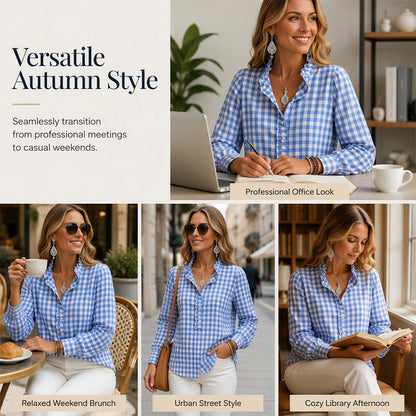 Women's Gingham Ruffle Casual Long Sleeve Shirt