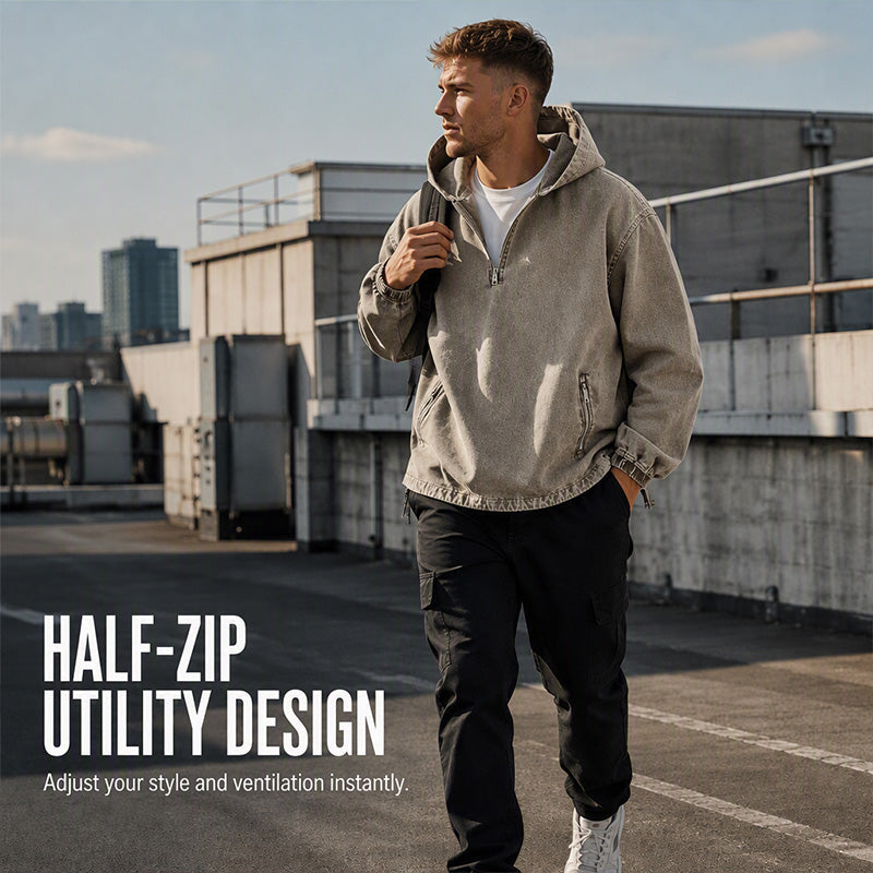 Men's Vintage Washed Half-Zip Hooded Top