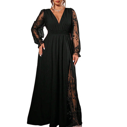 Women’s Elegant V Neck Lace Patchwork Maxi Dress