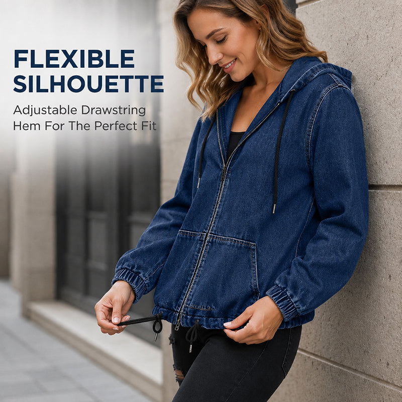💙 Women's Casual Zip-Up Hooded Denim Jacket – Relaxed Fit & Adjustable Waist ✨