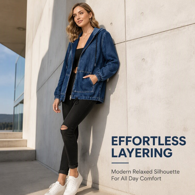 💙 Women's Casual Zip-Up Hooded Denim Jacket – Relaxed Fit & Adjustable Waist ✨