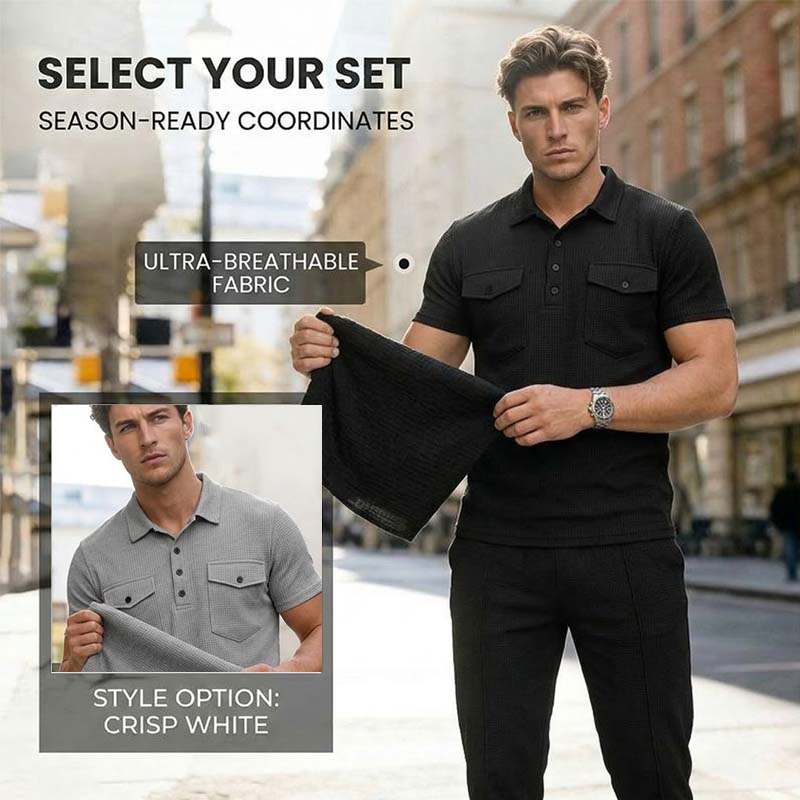 🌿Men's Waffle-Knit Short Sleeve Top & Pants Set– Casual Comfort Meets Effortless Autumn Style