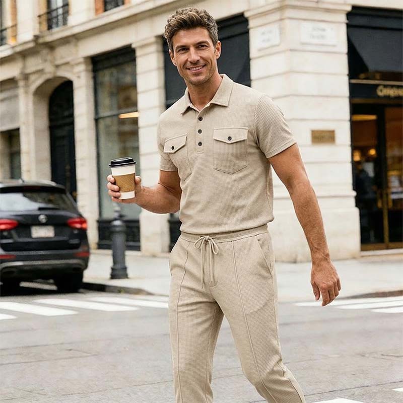 🌿Men's Waffle-Knit Short Sleeve Top & Pants Set– Casual Comfort Meets Effortless Autumn Style
