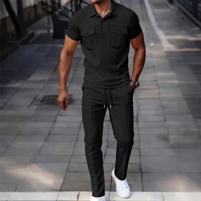 🌿Men's Waffle-Knit Short Sleeve Top & Pants Set– Casual Comfort Meets Effortless Autumn Style