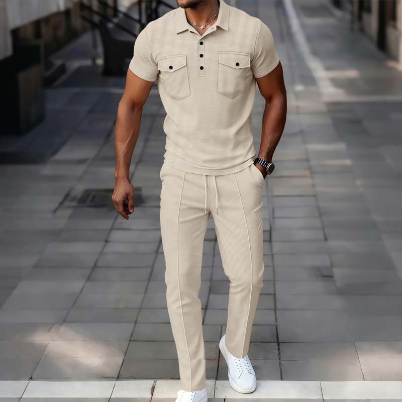 🌿Men's Waffle-Knit Short Sleeve Top & Pants Set– Casual Comfort Meets Effortless Autumn Style